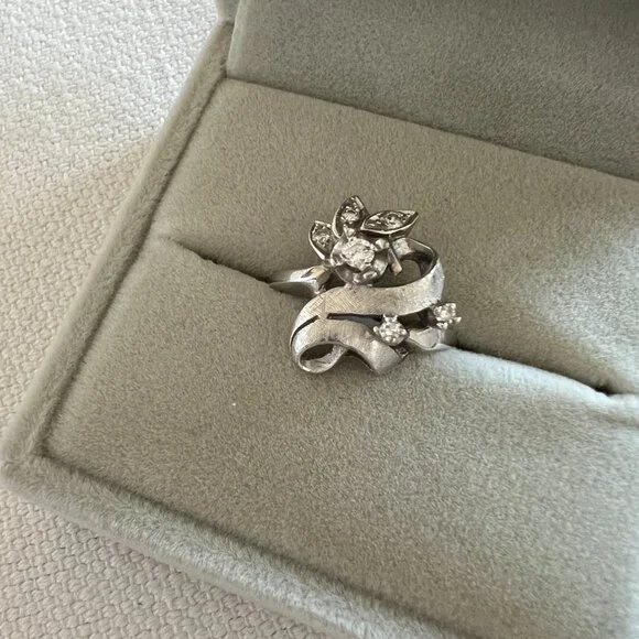 Antique Art Deco 14k White Gold Diamond Cocktail Ring Vintage Size 6 - Picture 3 of 7